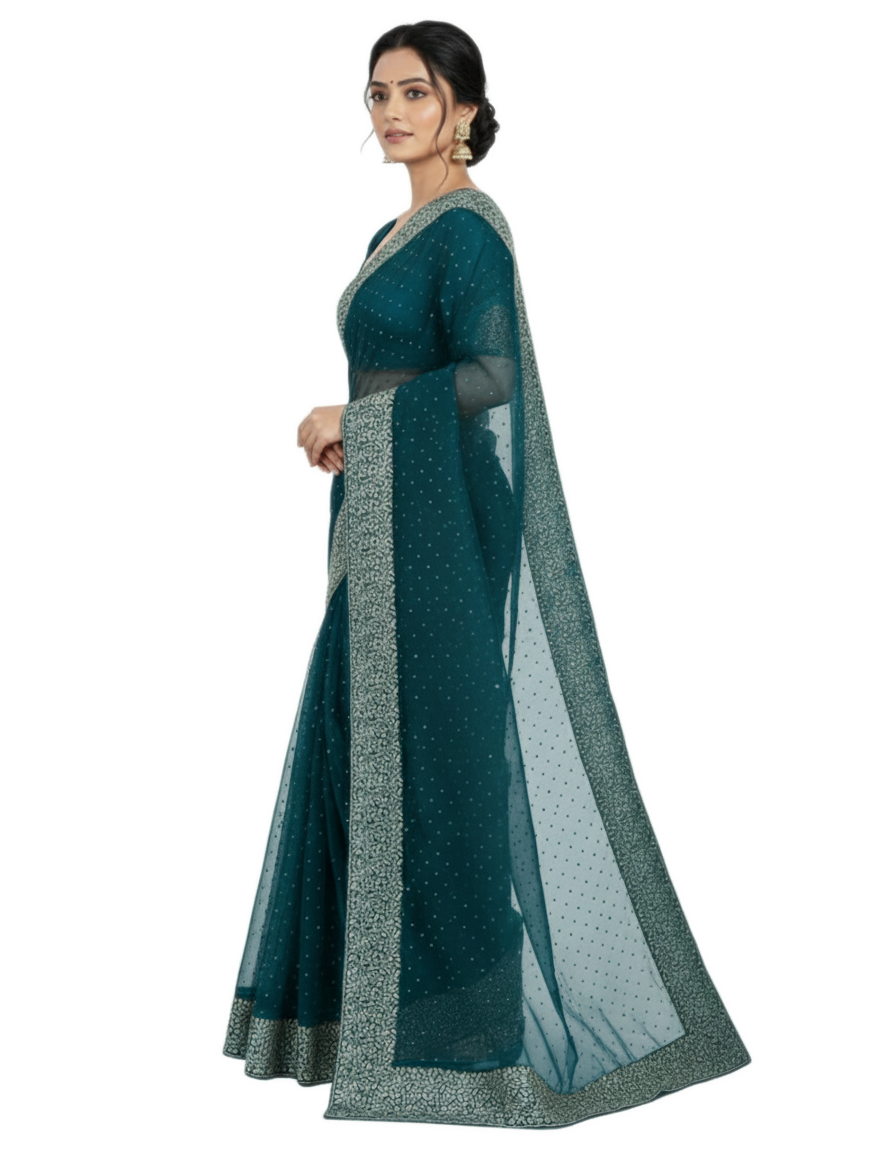 Shub Vivah Silk Premium Saree in Teal Blue with Silver Embroidery – Elegant Wedding Wear