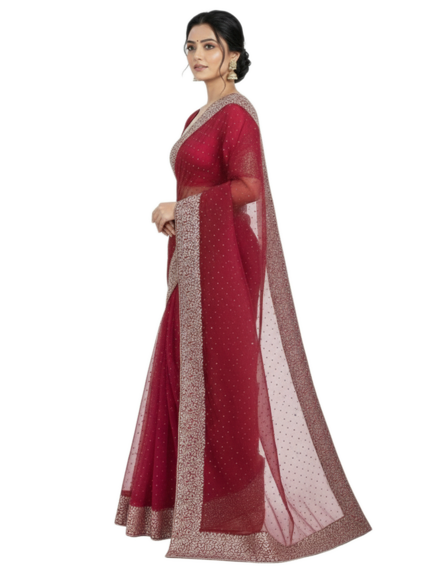 Shub Vivah Silk Premium Saree in Ruby Pink with Silver Embroidery – Elegant Wedding Wear