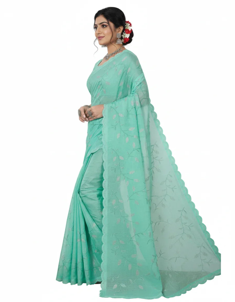 Apsara Silk Premium Saree in Sap Green with Gold Leaf Motifs & Scalloped Border – Elegant Traditional Wear