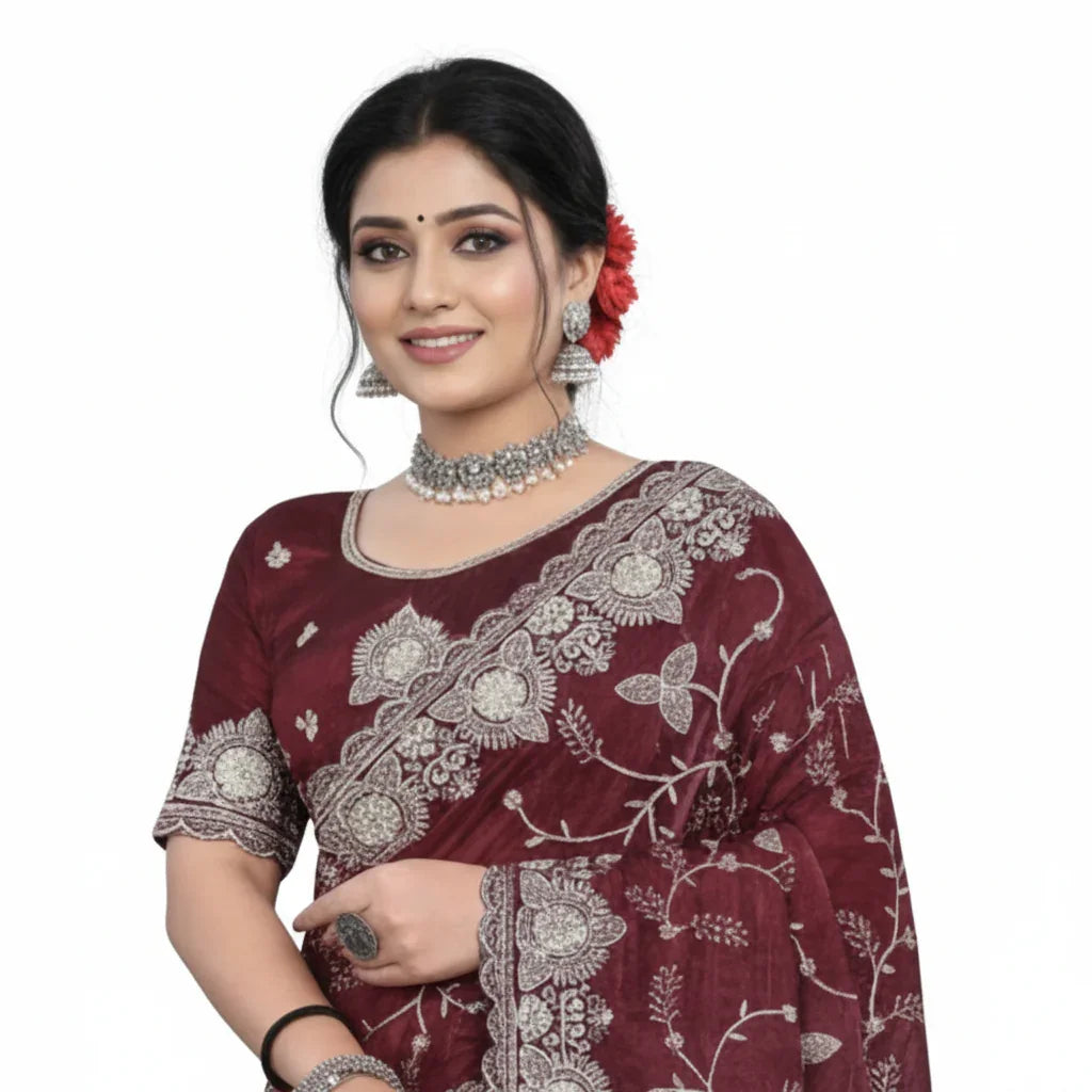 Jwalamukhi Silk Premium Saree in Maroon with Gold Zari Border & Floral Design – Elegant Traditional Wear