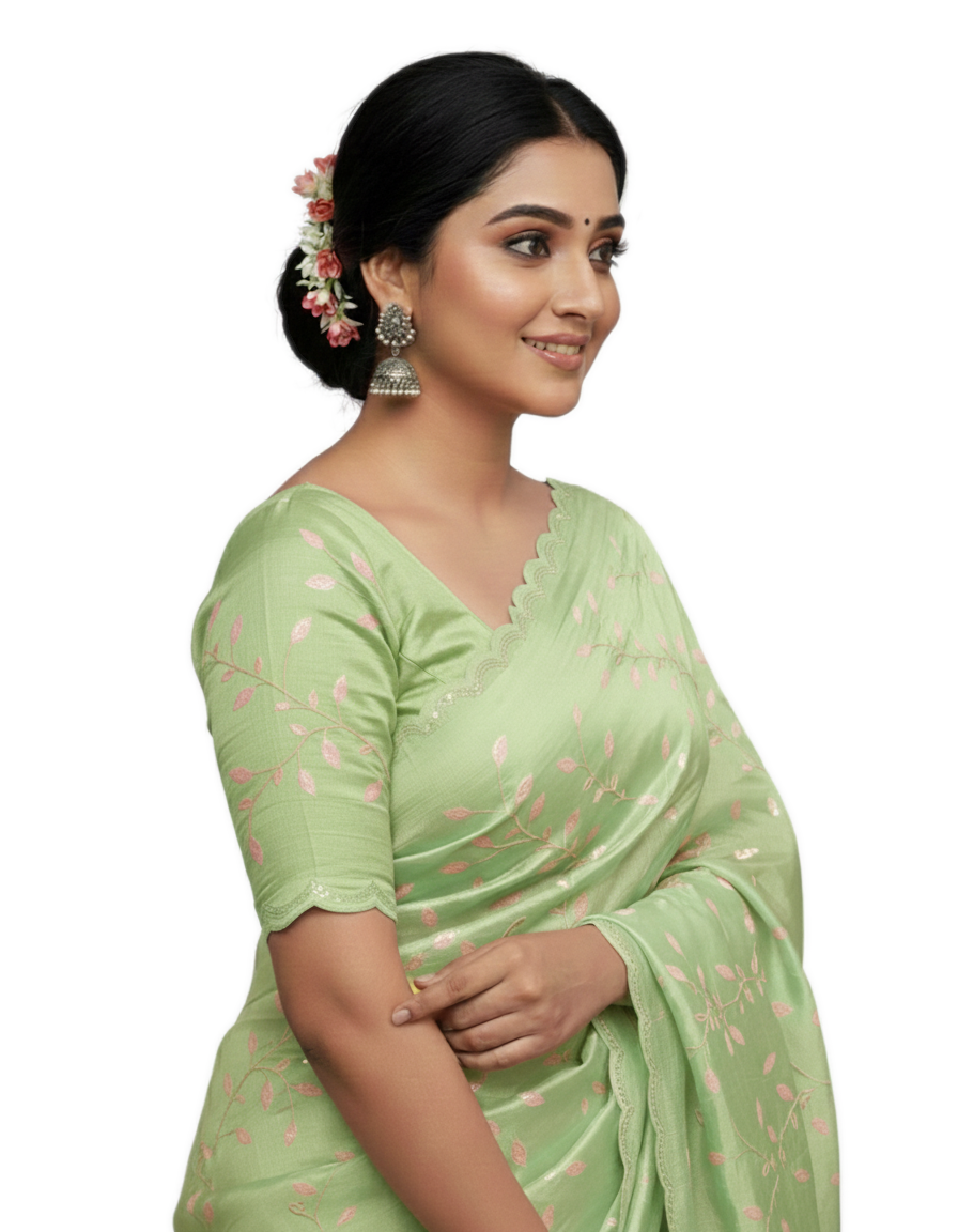 Apsara Silk Premium Saree in Mint Green with Gold Leaf Motifs & Scalloped Border – Elegant Traditional Wear