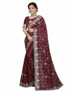 Jwalamukhi Silk Premium Saree in Maroon with Gold Zari Border & Floral Design – Elegant Traditional Wear