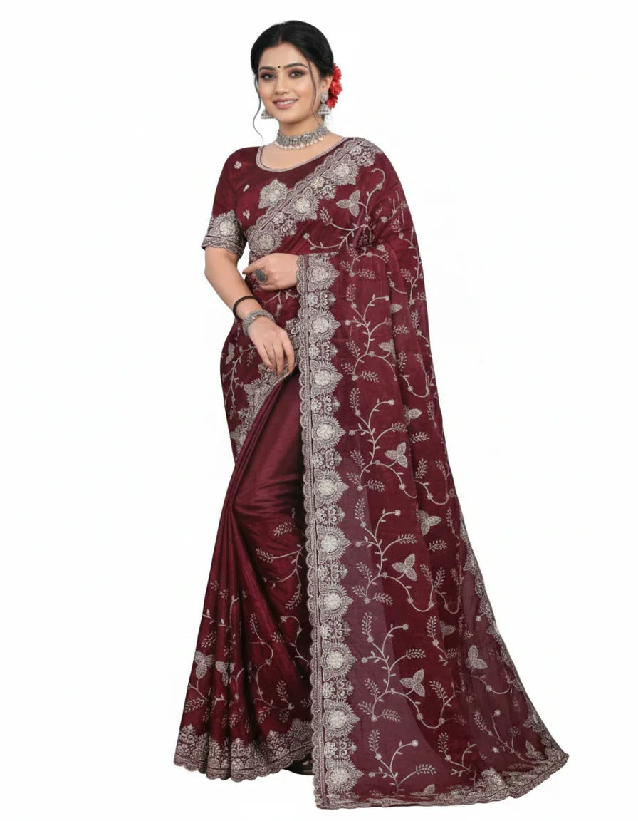 Jwalamukhi Silk Premium Saree in Maroon with Gold Zari Border & Floral Design – Elegant Traditional Wear