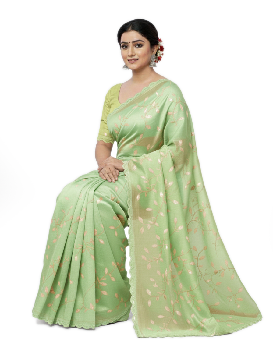 Apsara Silk Premium Saree in Mint Green with Gold Leaf Motifs & Scalloped Border – Elegant Traditional Wear