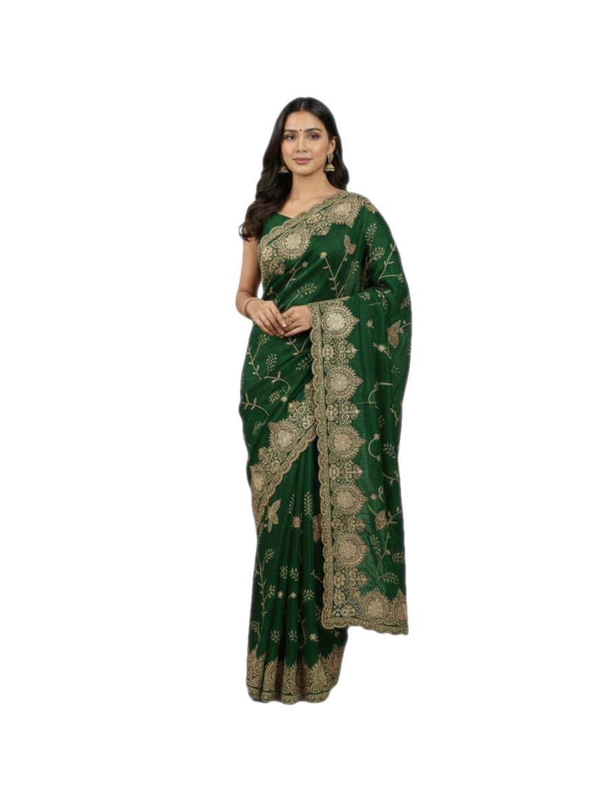 Jwalamukhi Silk Premium Saree in Green with Gold Zari Border & Floral Design – Elegant Traditional Wear