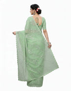 Apsara Silk Premium Saree in Mint Green with Gold Leaf Motifs & Scalloped Border – Elegant Traditional Wear
