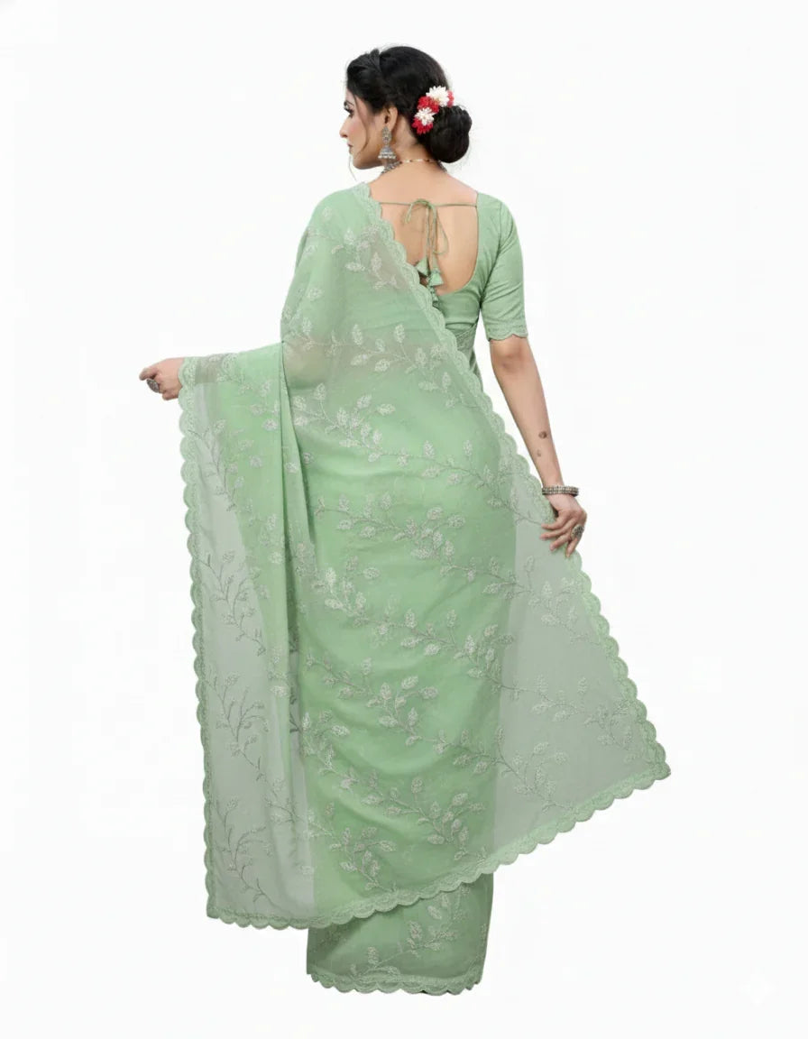Apsara Silk Premium Saree in Mint Green with Gold Leaf Motifs & Scalloped Border – Elegant Traditional Wear