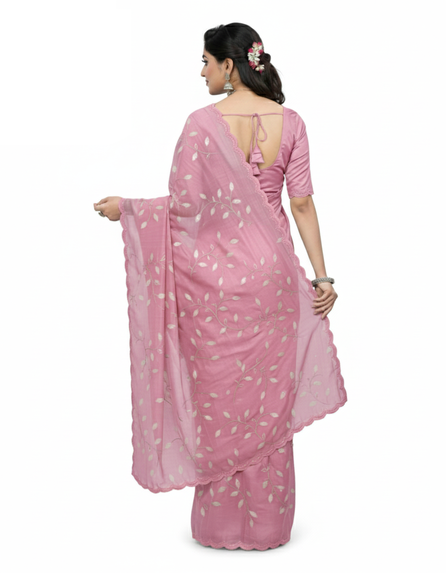 Apsara Silk Premium Saree in Light Pink with Gold Leaf Motifs & Scalloped Border – Elegant Traditional Wear