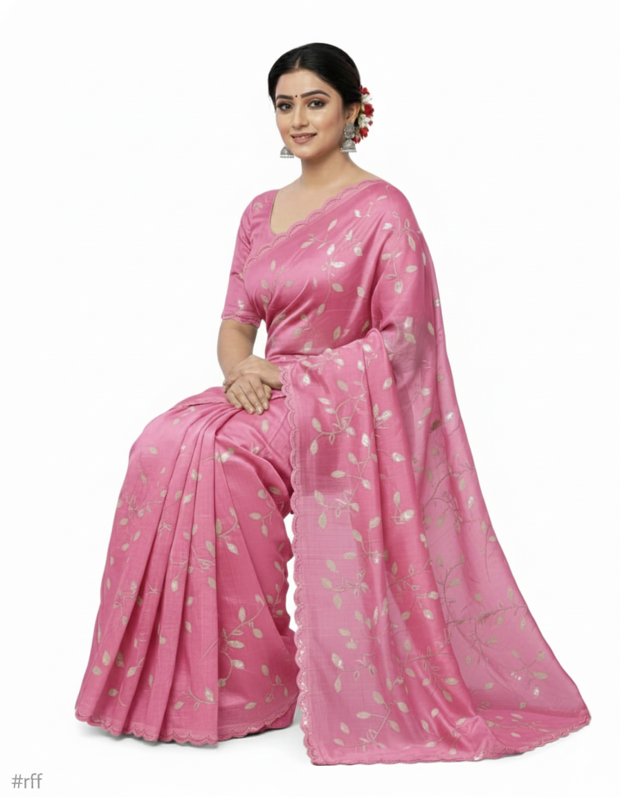 Apsara Silk Premium Saree in Light Pink with Gold Leaf Motifs & Scalloped Border – Elegant Traditional Wear
