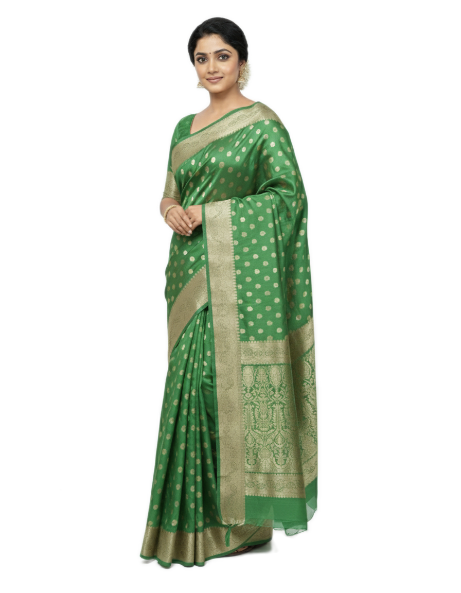 Gajanand Silk Premium Saree in Perot Green with Gold Zari Border & Floral Design – Elegant Traditional Wear