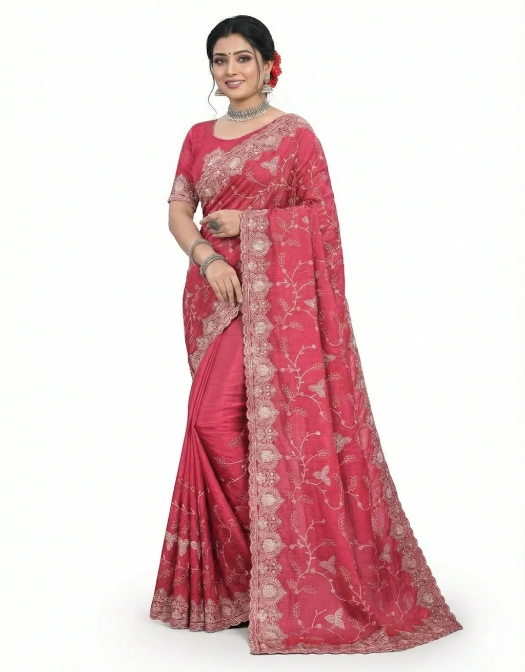 Jwalamukhi Silk Premium Saree in Pink with Gold Zari Border & Floral Design – Elegant Traditional Wear