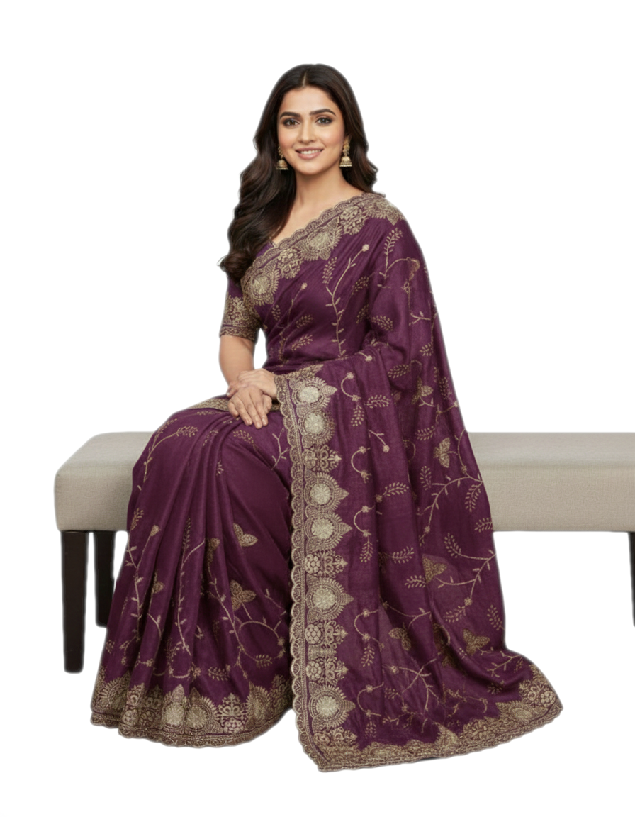 Jwalamukhi Silk Premium Saree in Purple with Gold Zari Border & Floral Design – Elegant Traditional Wear