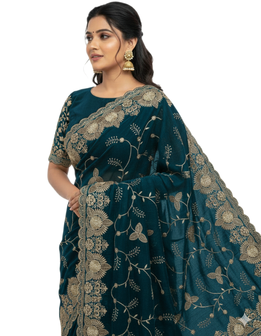 Jwalamukhi Silk Premium Saree in Teal Blue with Gold Zari Border & Floral Design – Elegant Traditional Wear
