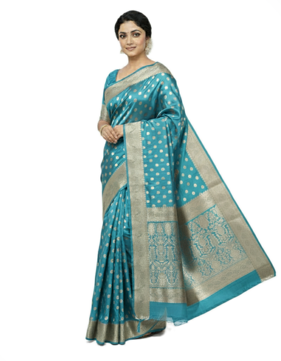 Gajanand Silk Premium Saree in Sky Blue with Gold Zari Border & Floral Design – Elegant Traditional Wear