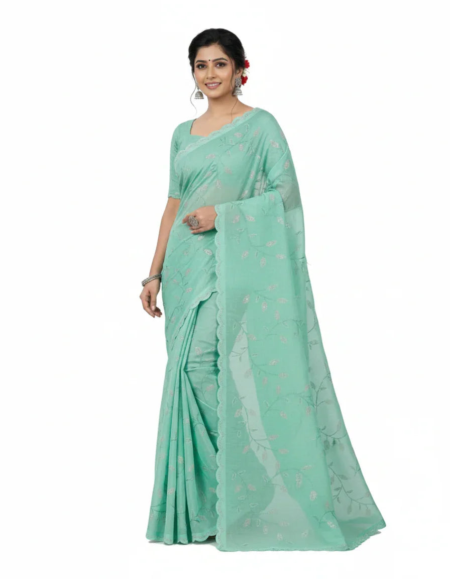 Apsara Silk Premium Saree in Sap Green with Gold Leaf Motifs & Scalloped Border – Elegant Traditional Wear