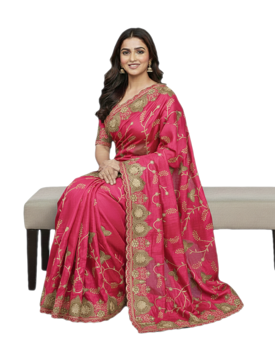 Jwalamukhi Silk Premium Saree in Pink with Gold Zari Border & Floral Design – Elegant Traditional Wear