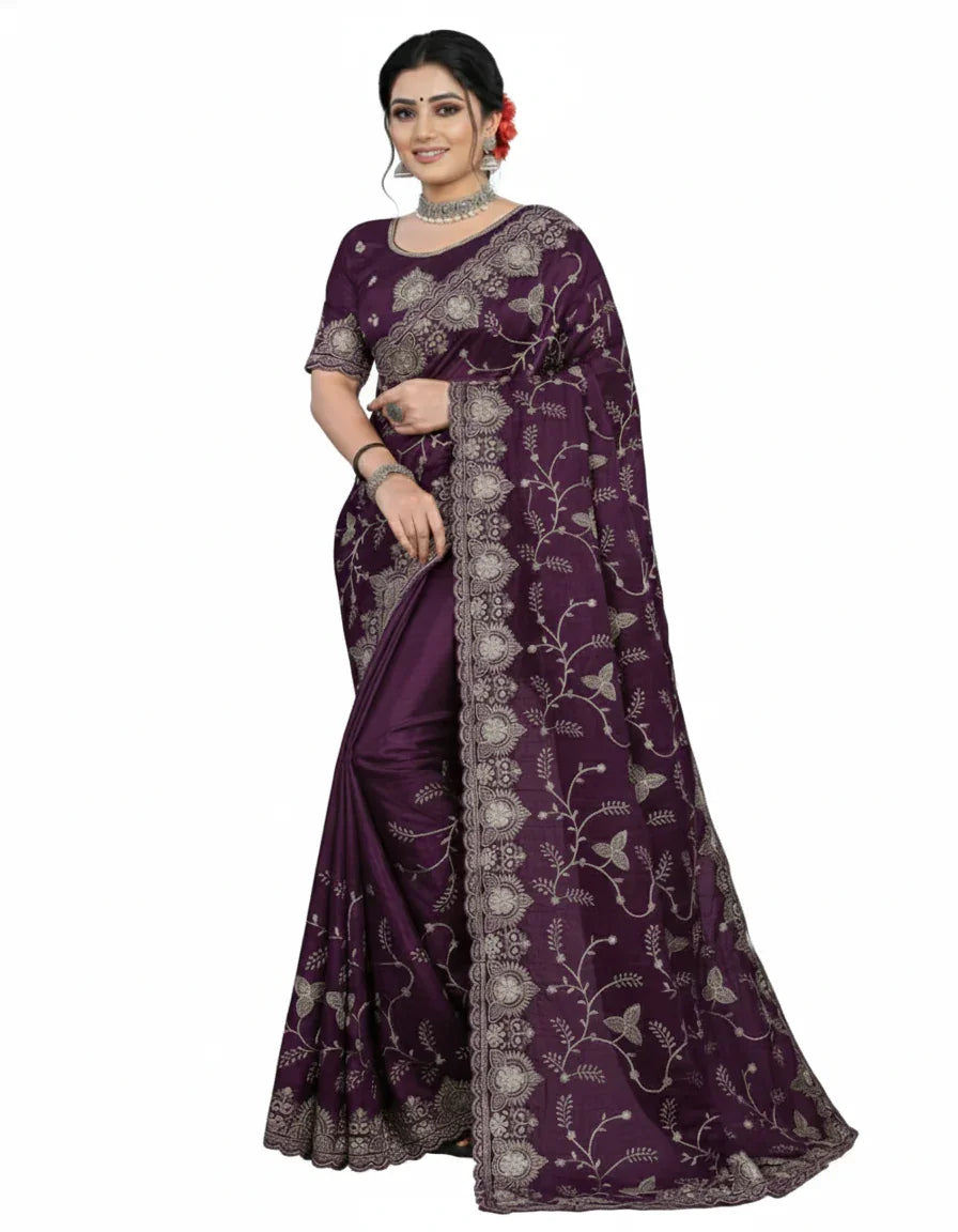 Jwalamukhi Silk Premium Saree in Purple with Gold Zari Border & Floral Design – Elegant Traditional Wear