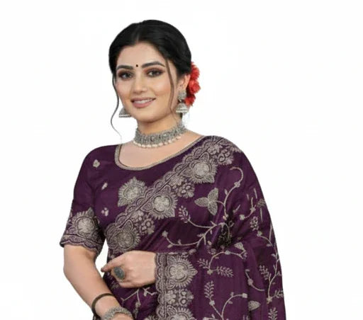 Jwalamukhi Silk Premium Saree in Purple with Gold Zari Border & Floral Design – Elegant Traditional Wear