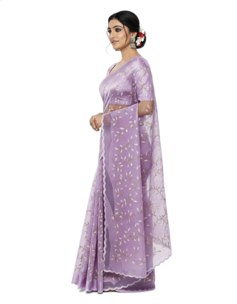 Apsara Silk Premium Saree in Purple with Gold Leaf Motifs & Scalloped Border – Elegant Traditional Wear