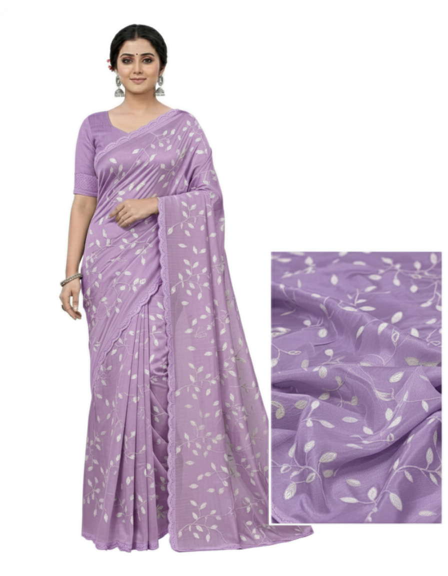 Apsara Silk Premium Saree in Purple with Gold Leaf Motifs & Scalloped Border – Elegant Traditional Wear