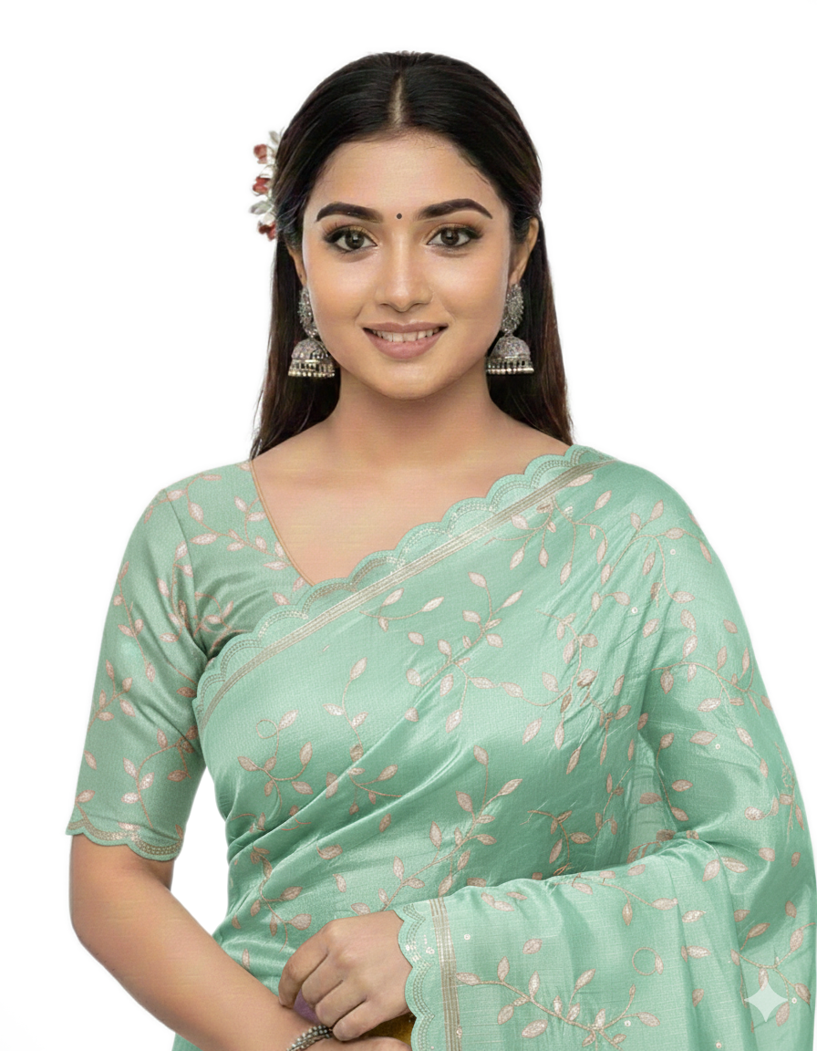 Apsara Silk Premium Saree in Sap Green with Gold Leaf Motifs & Scalloped Border – Elegant Traditional Wear