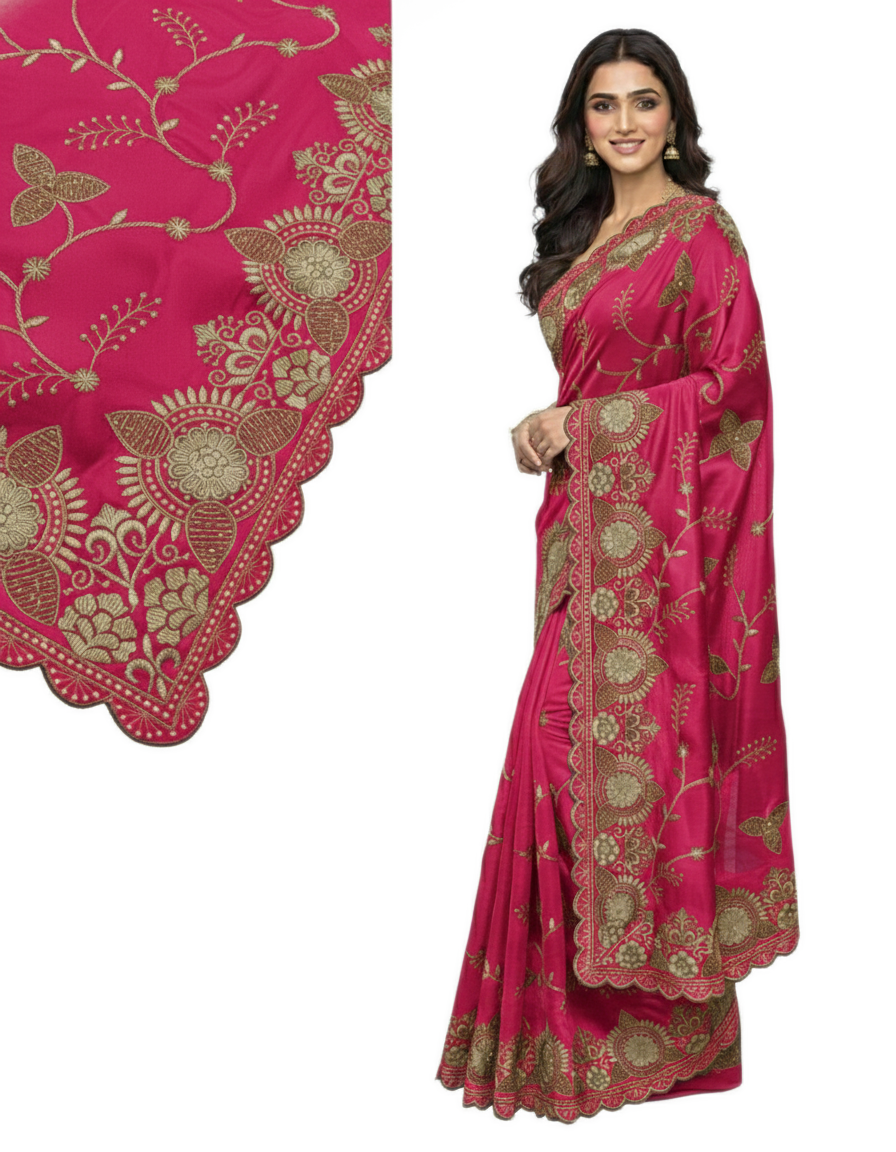 Jwalamukhi Silk Premium Saree in Pink with Gold Zari Border & Floral Design – Elegant Traditional Wear