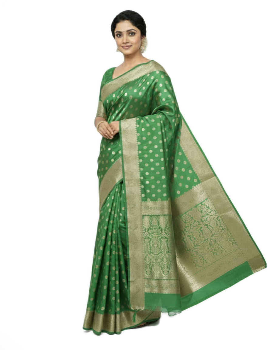 Gajanand Silk Premium Saree in Perot Green with Gold Zari Border & Floral Design – Elegant Traditional Wear