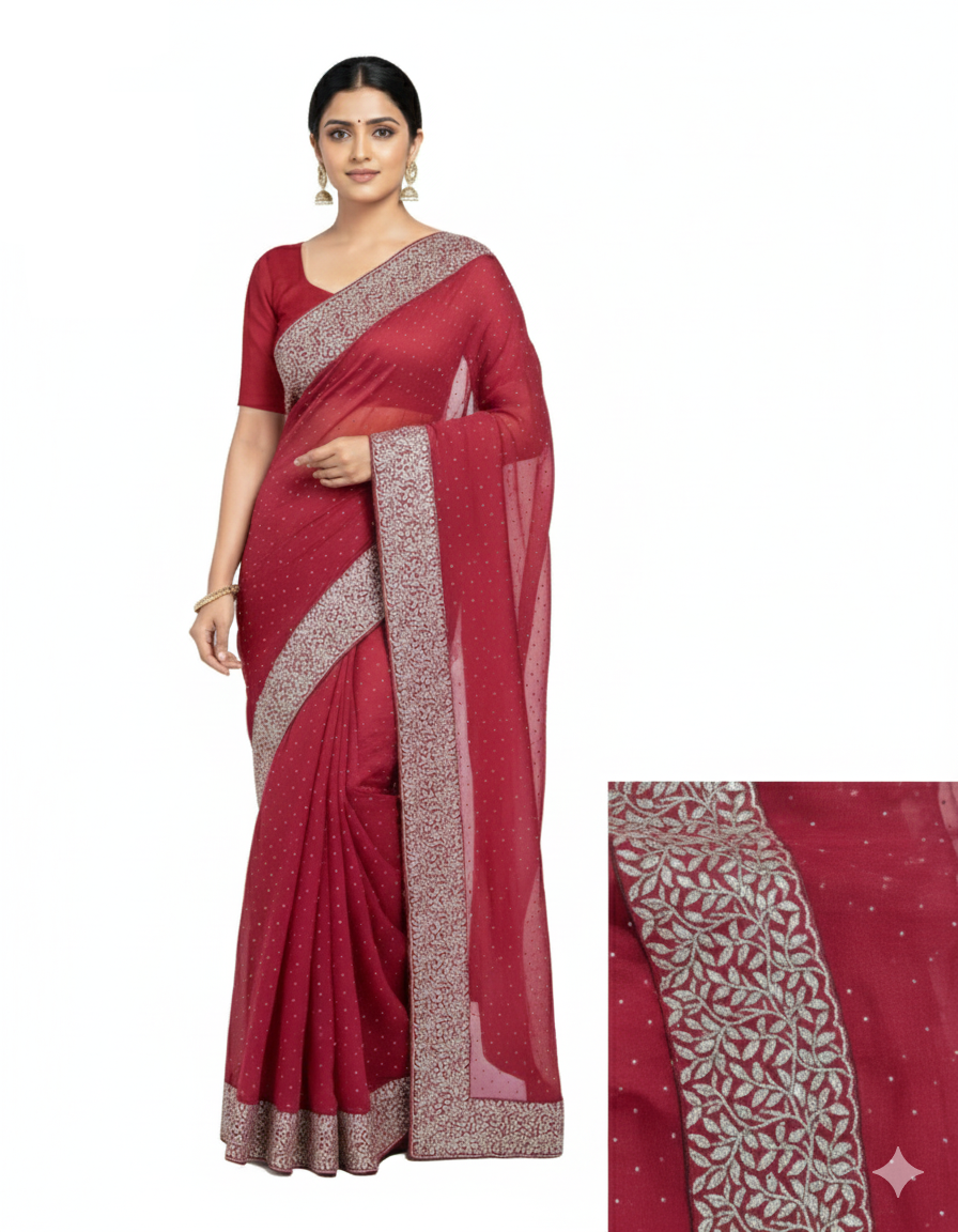 Shub Vivah Silk Premium Saree in Maroon with Silver Embroidery – Elegant Wedding Wear