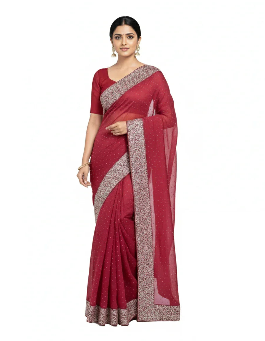 Shub Vivah Silk Premium Saree in Maroon with Silver Embroidery – Elegant Wedding Wear