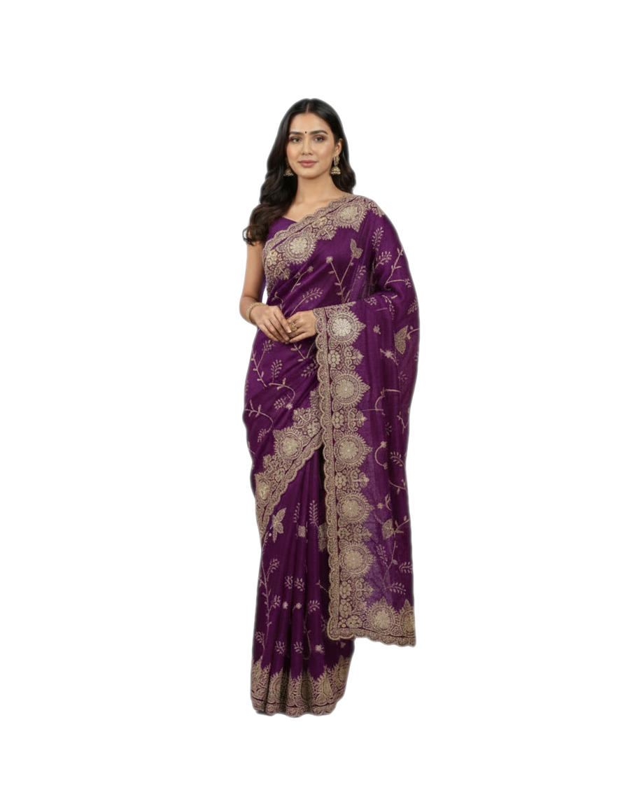 Jwalamukhi Silk Premium Saree in Purple with Gold Zari Border & Floral Design – Elegant Traditional Wear