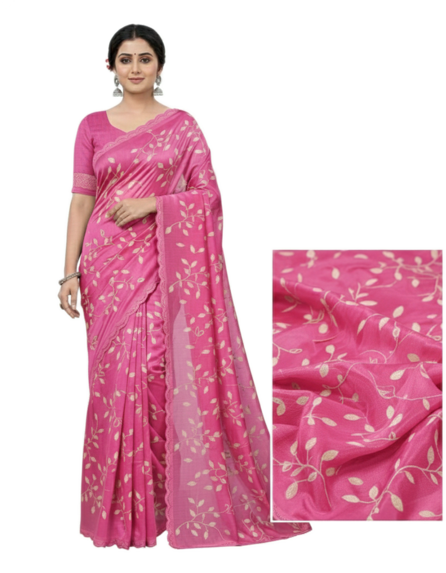 Apsara Silk Premium Saree in Light Pink with Gold Leaf Motifs & Scalloped Border – Elegant Traditional Wear