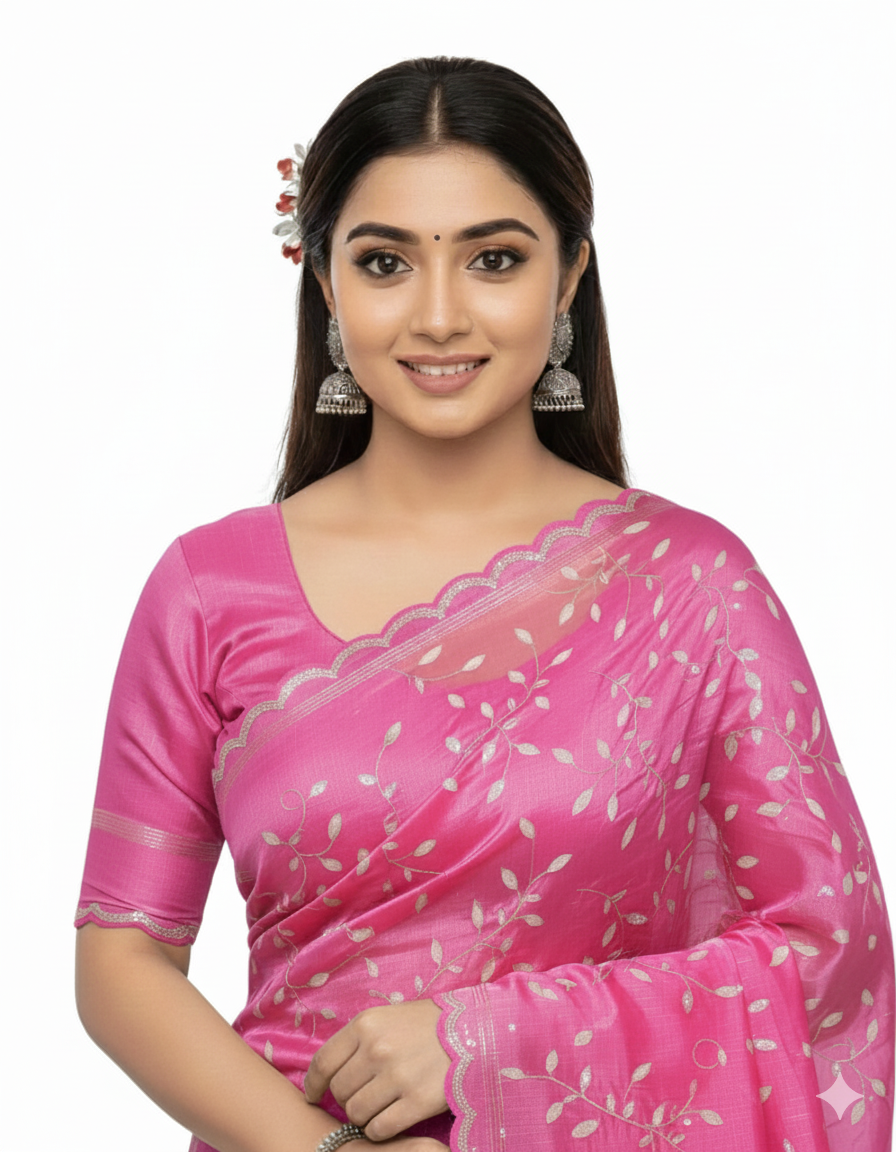 Apsara Silk Premium Saree in Light Pink with Gold Leaf Motifs & Scalloped Border – Elegant Traditional Wear