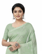 Apsara Silk Premium Saree in Mint Green with Gold Leaf Motifs & Scalloped Border – Elegant Traditional Wear