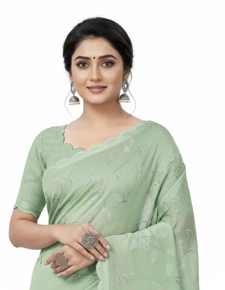 Apsara Silk Premium Saree in Mint Green with Gold Leaf Motifs & Scalloped Border – Elegant Traditional Wear