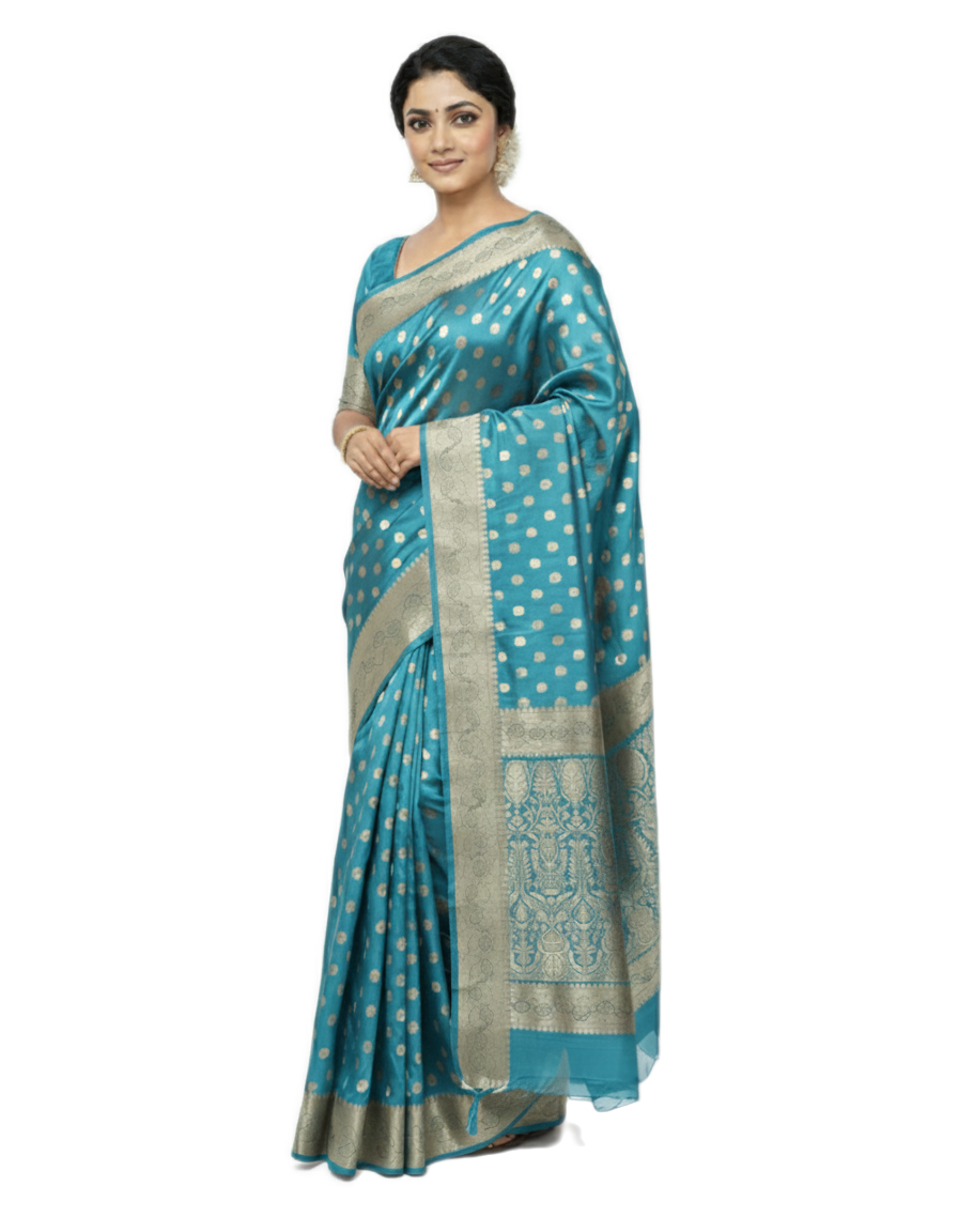 Gajanand Silk Premium Saree in Sky Blue with Gold Zari Border & Floral Design – Elegant Traditional Wear