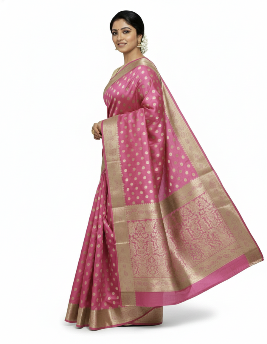Gajanand Silk Premium Saree in Pretty Pink with Gold Zari Border & Floral Design – Elegant Traditional Wear