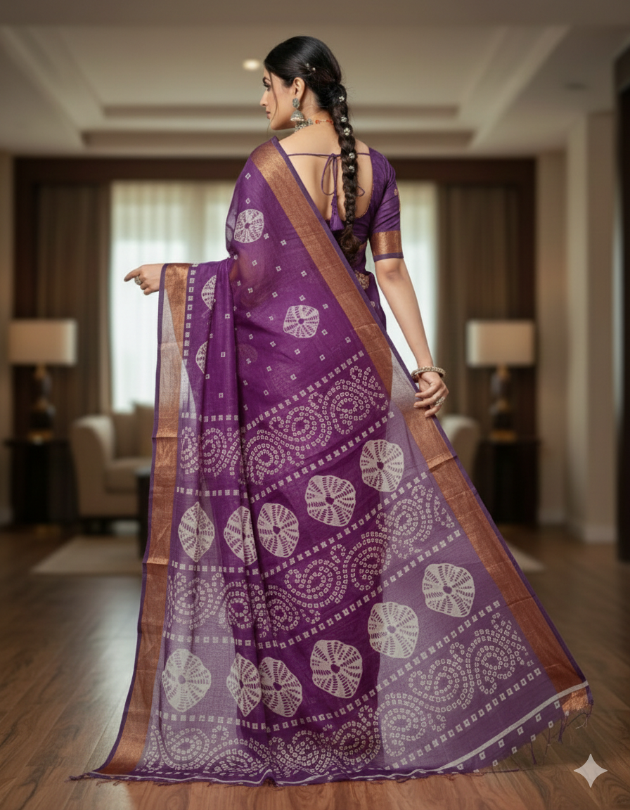 Sundari Bengali Cotton Printed Saree with Blouse – Ethnic Daily Wear in Purple
