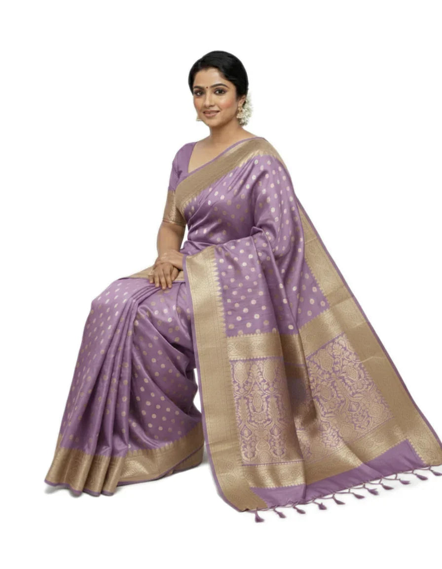 Gajanand Silk Premium Saree in Lavender Purple with Gold Zari Border & Floral Design – Elegant Traditional Wear