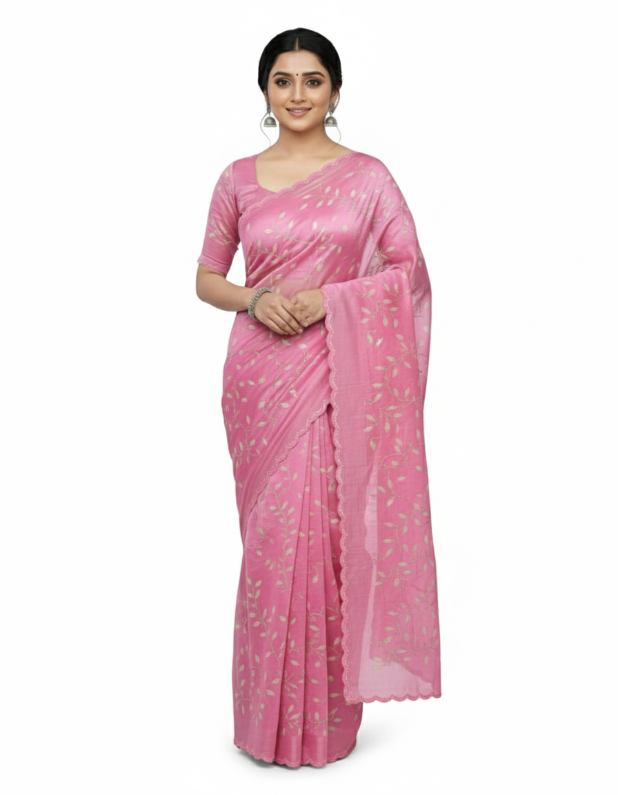 Apsara Silk Premium Saree in Light Pink with Gold Leaf Motifs & Scalloped Border – Elegant Traditional Wear