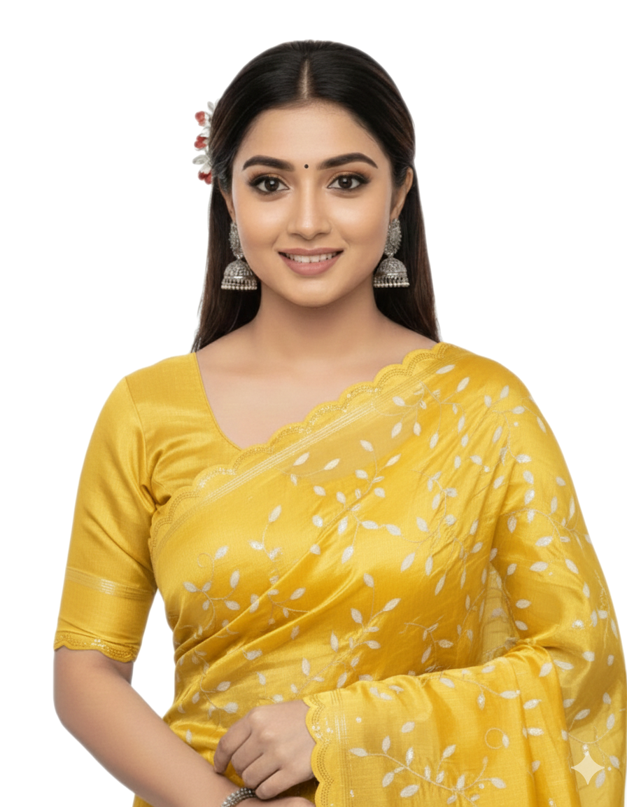 Apsara Silk Premium Saree in Yellow with Gold Leaf Motifs & Scalloped Border – Elegant Traditional Wear