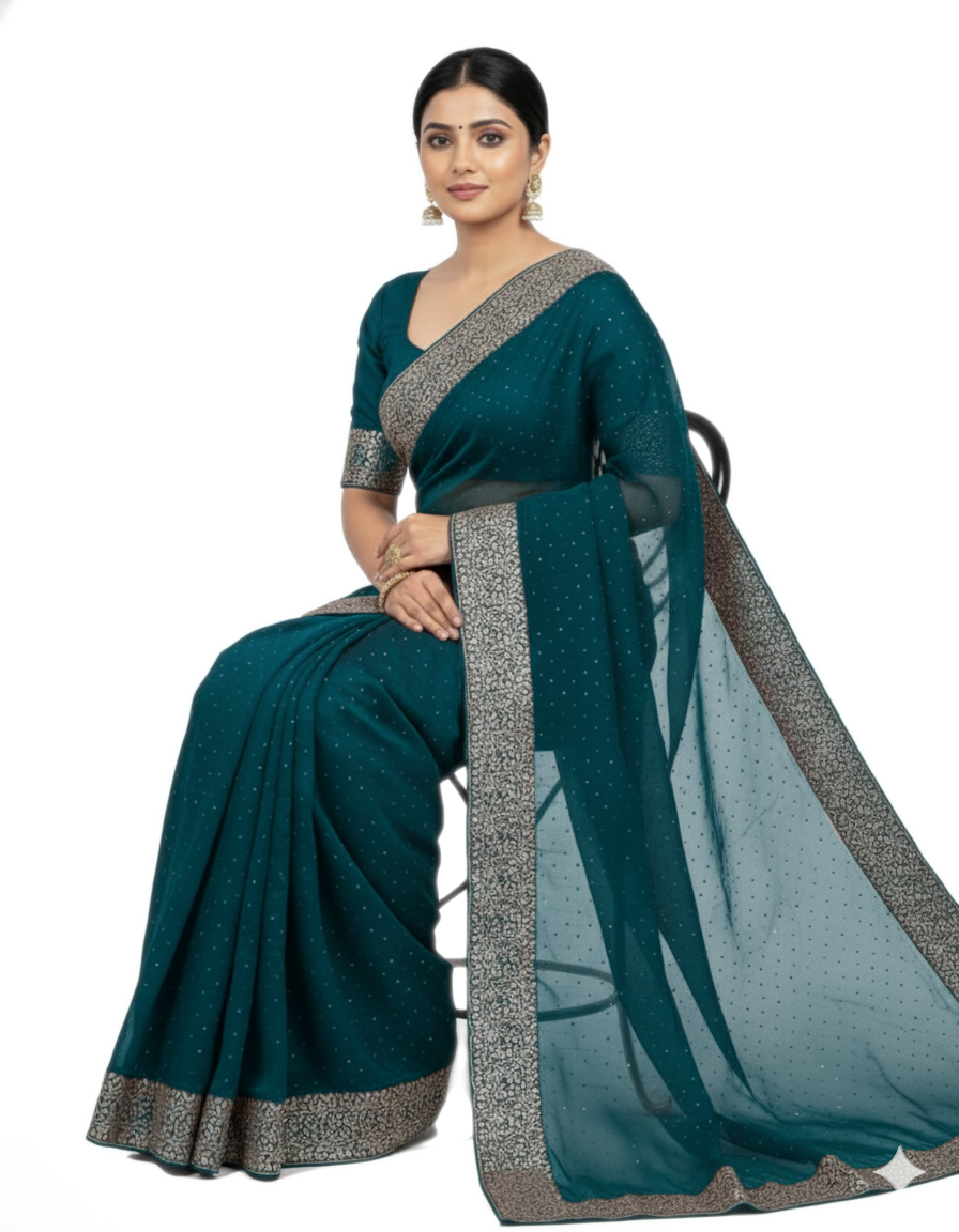 Shub Vivah Silk Premium Saree in Teal Blue with Silver Embroidery – Elegant Wedding Wear