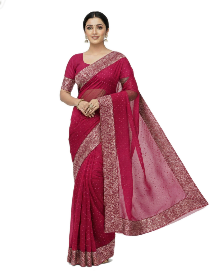 Shub Vivah Silk Premium Saree in Ruby Pink with Silver Embroidery – Elegant Wedding Wear