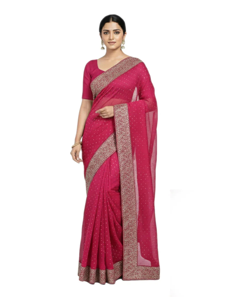 Shub Vivah Silk Premium Saree in Ruby Pink with Silver Embroidery – Elegant Wedding Wear