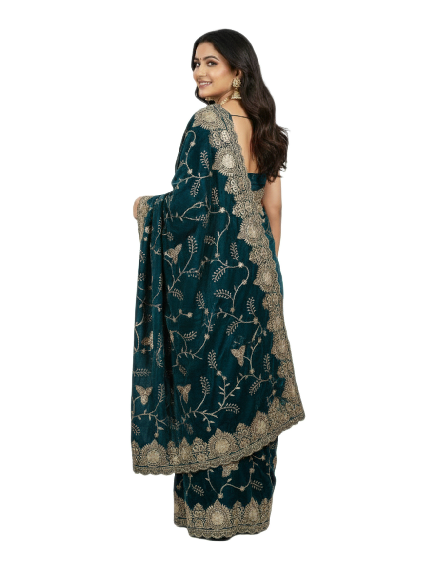 Jwalamukhi Silk Premium Saree in Teal Blue with Gold Zari Border & Floral Design – Elegant Traditional Wear