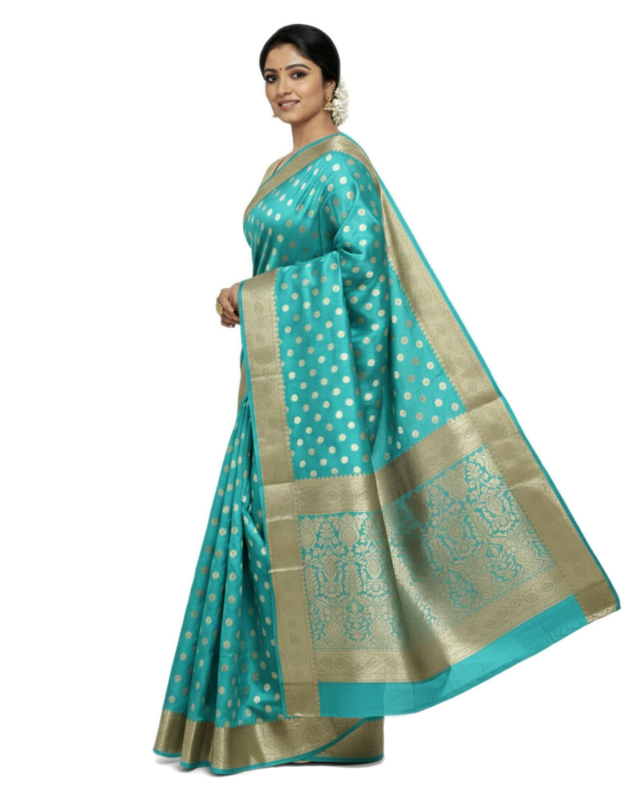 Gajanand Silk Premium Saree in Sky Blue with Gold Zari Border & Floral Design – Elegant Traditional Wear