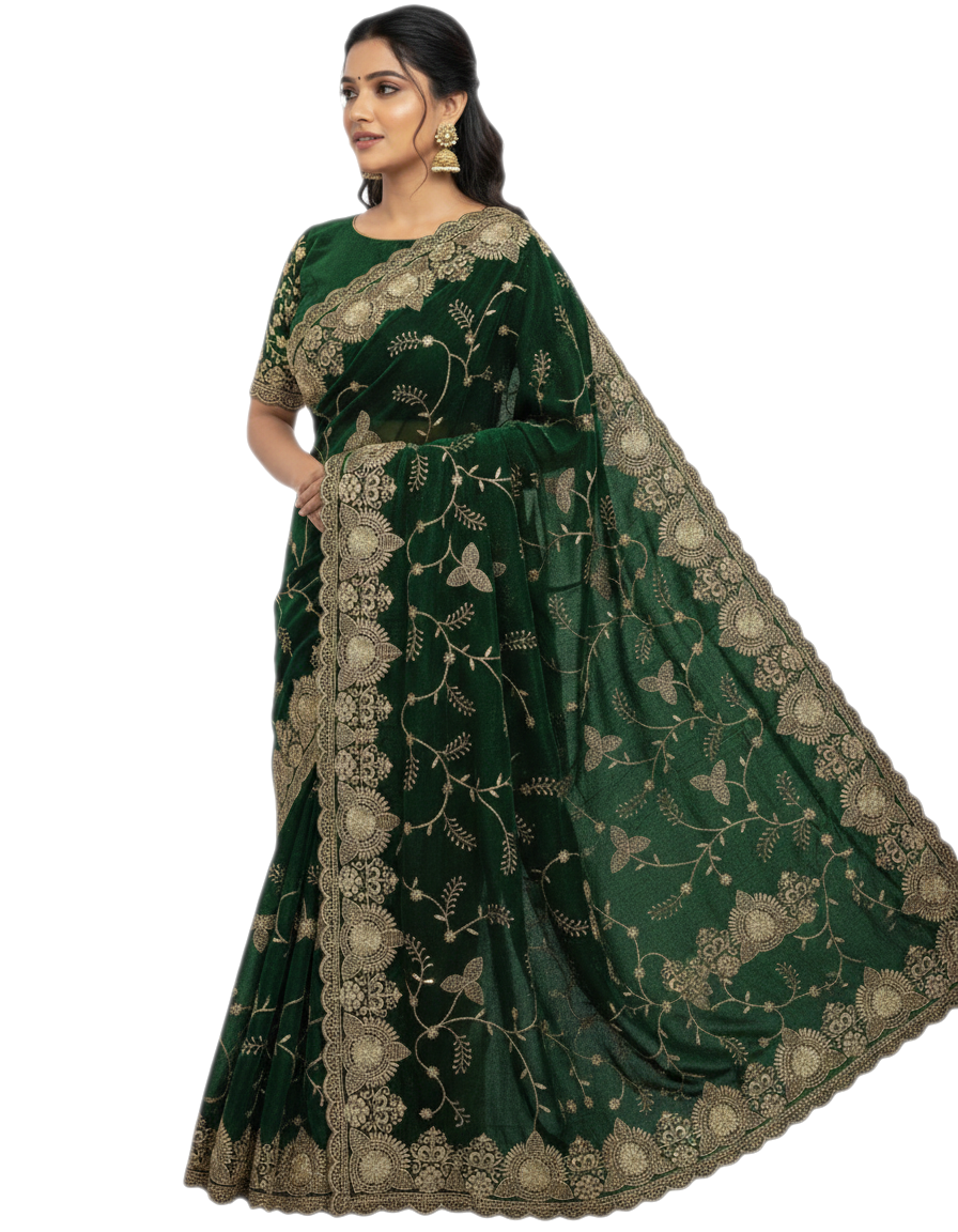 Jwalamukhi Silk Premium Saree in Green with Gold Zari Border & Floral Design – Elegant Traditional Wear