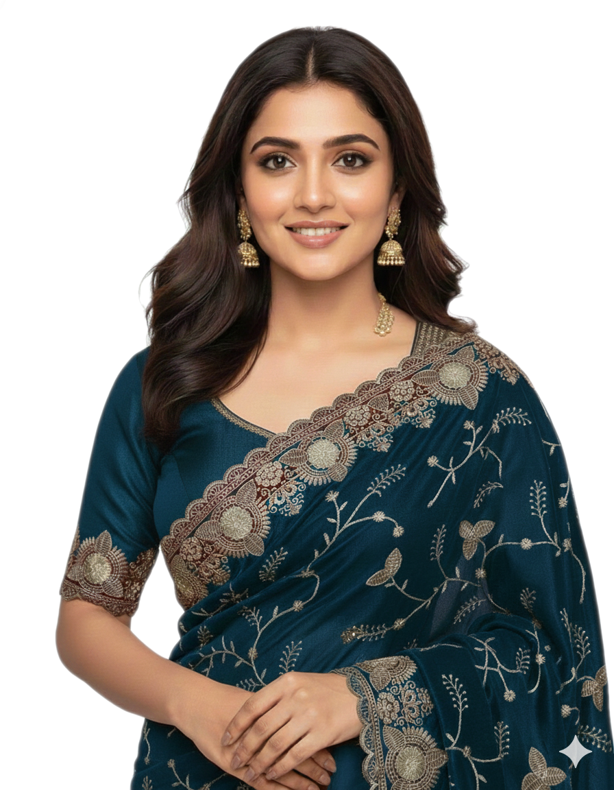 Jwalamukhi Silk Premium Saree in Teal Blue with Gold Zari Border & Floral Design – Elegant Traditional Wear