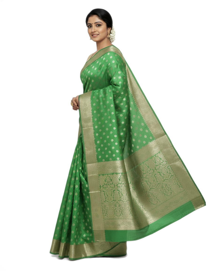 Gajanand Silk Premium Saree in Perot Green with Gold Zari Border & Floral Design – Elegant Traditional Wear