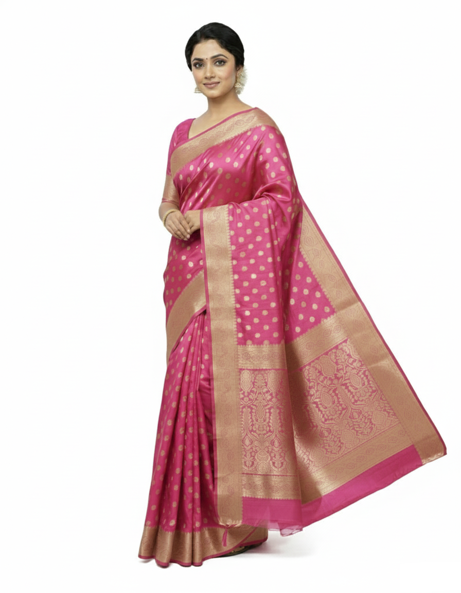 Gajanand Silk Premium Saree in Pretty Pink with Gold Zari Border & Floral Design – Elegant Traditional Wear