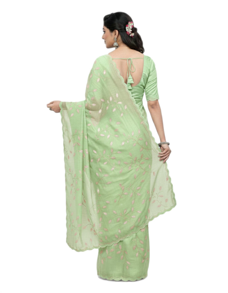 Apsara Silk Premium Saree in Mint Green with Gold Leaf Motifs & Scalloped Border – Elegant Traditional Wear